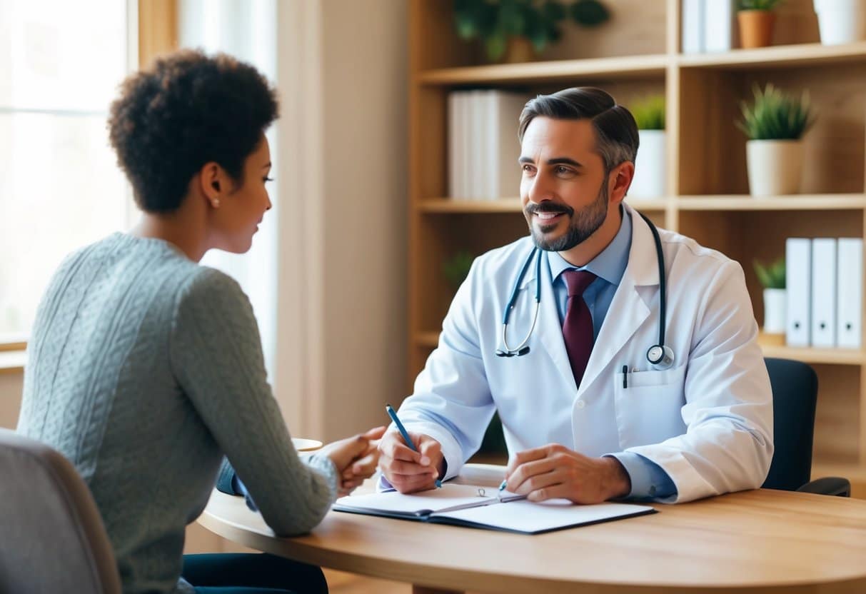 A naturopathic doctor sitting across from a patient, asking questions and taking notes in a cozy, well-lit office