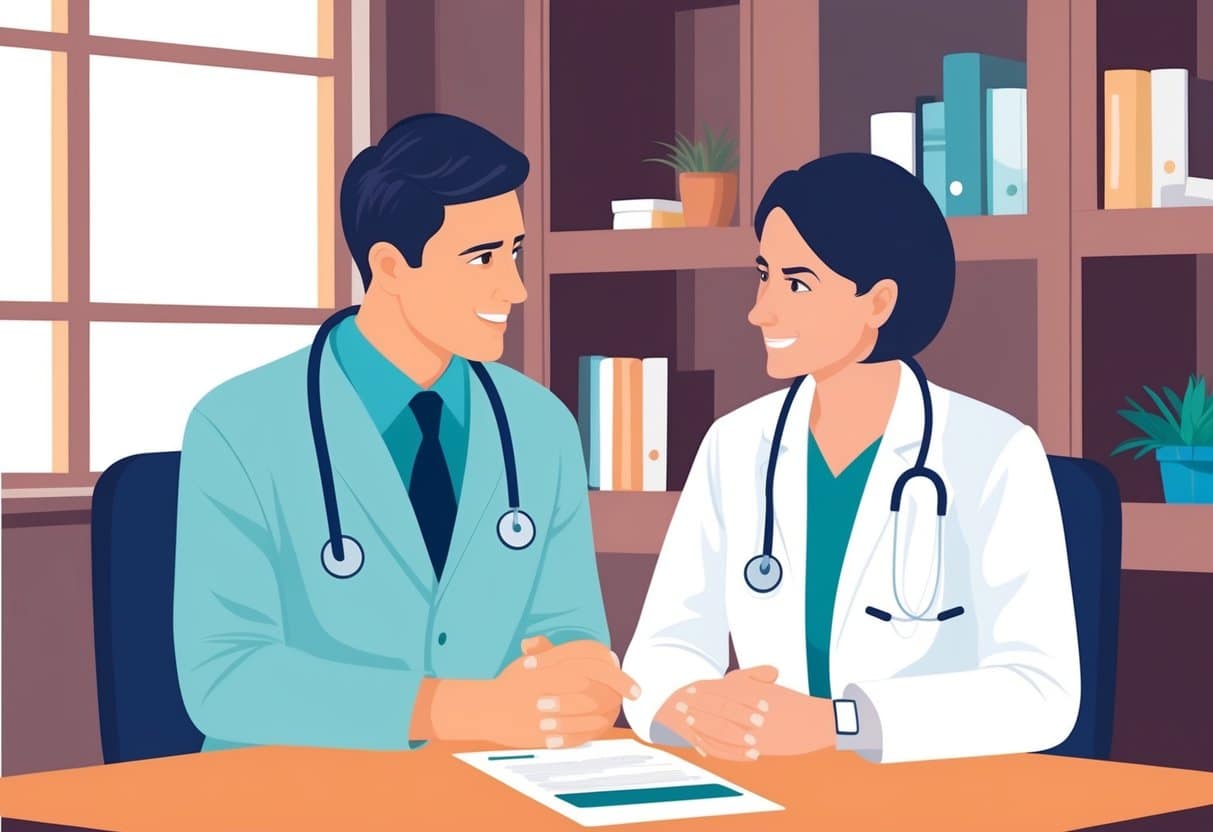 A naturopathic doctor sitting with a patient, asking questions about family health history. The doctor listens attentively as the patient responds