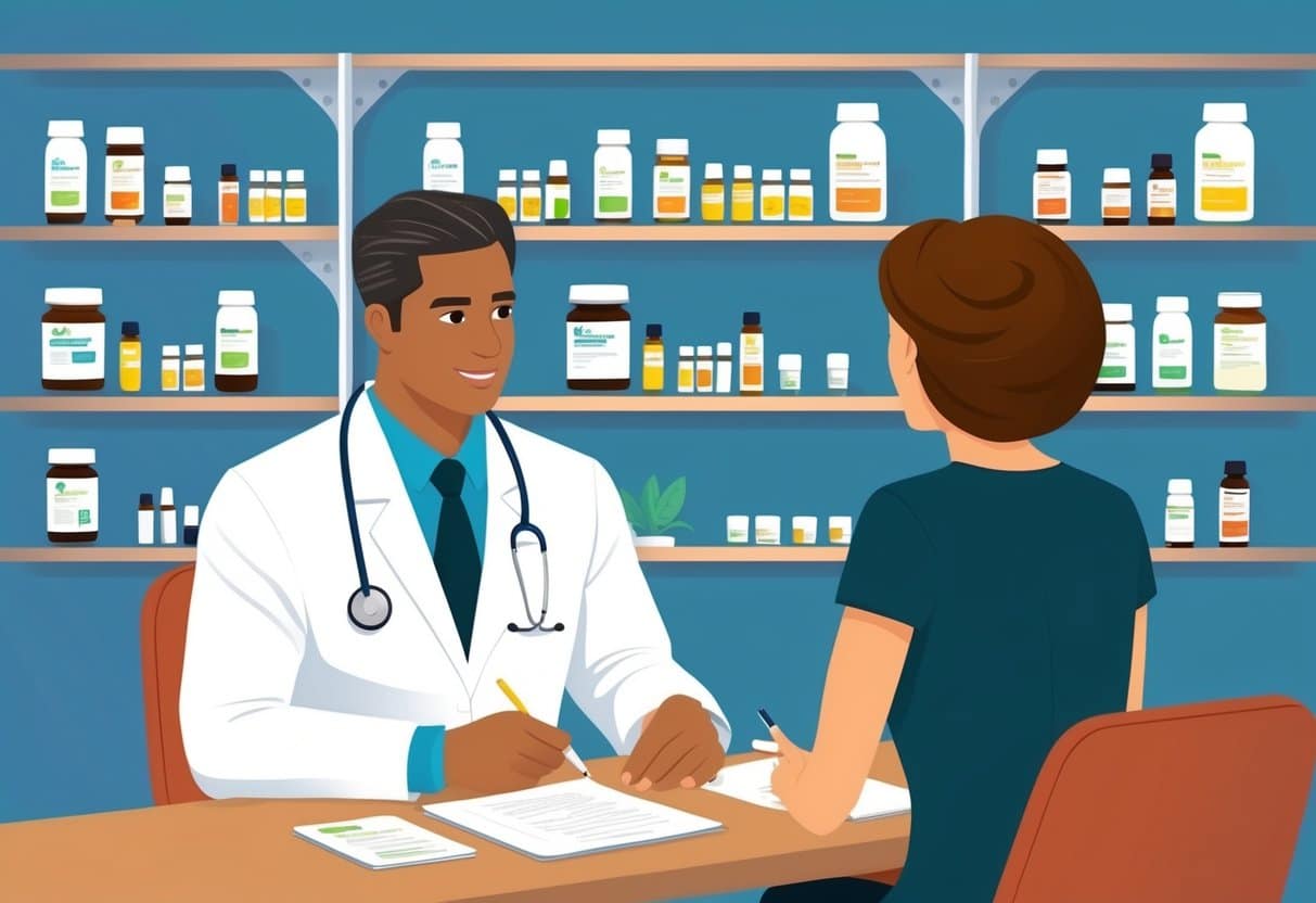 A naturopathic doctor sitting across from a patient, asking questions and taking notes. Shelves filled with supplements and medication bottles in the background