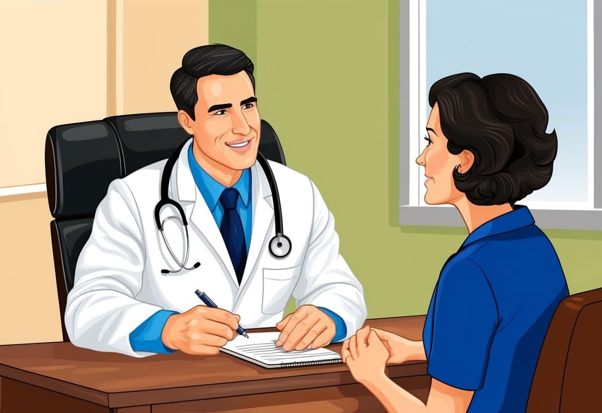A naturopathic doctor sitting at a desk, asking a patient questions. The doctor has a notepad and pen, while the patient listens attentively