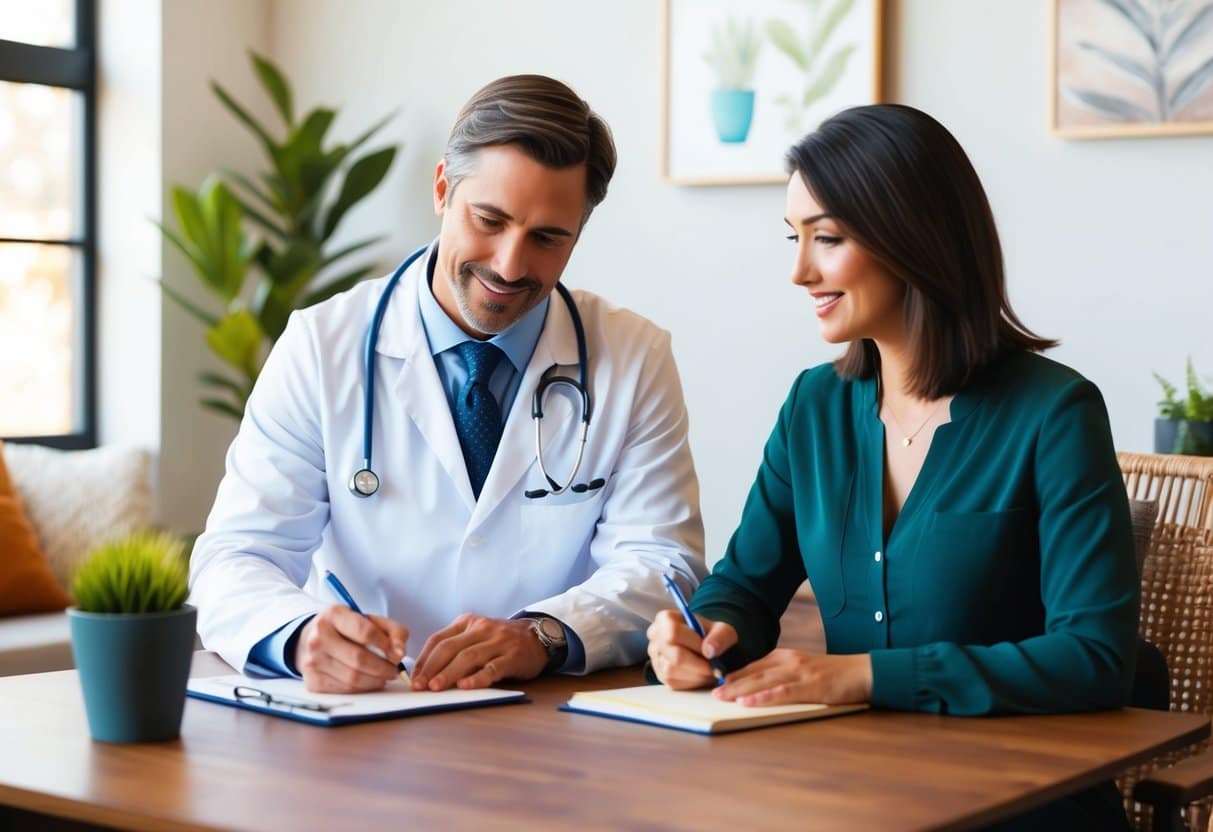 A naturopathic doctor sitting with a patient, asking questions and taking notes in a cozy office setting