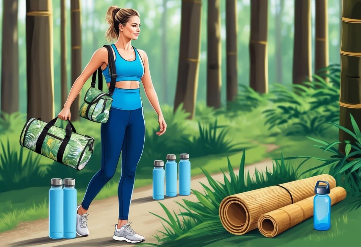 a woman in sports gear walking on a path in the woods