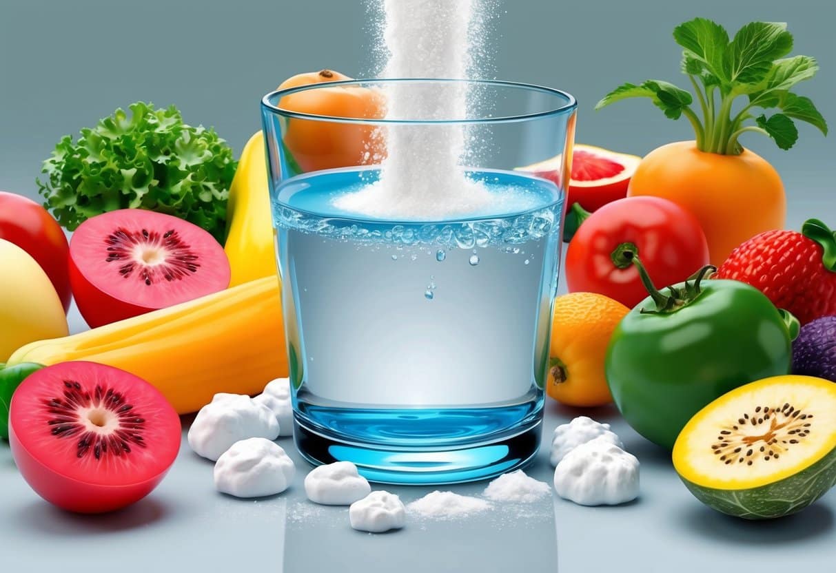 A glass of water with baking soda dissolving, surrounded by various fruits and vegetables
