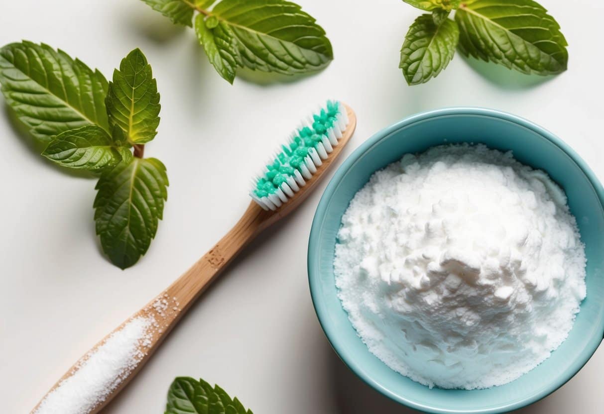 A toothbrush coated with baking soda, surrounded by fresh mint leaves and a bowl of baking soda