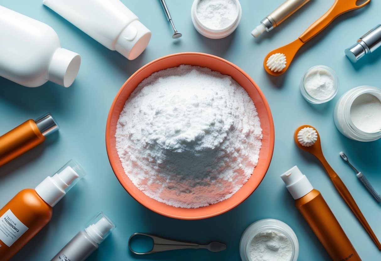 A bowl of baking soda surrounded by various dermatological products and tools