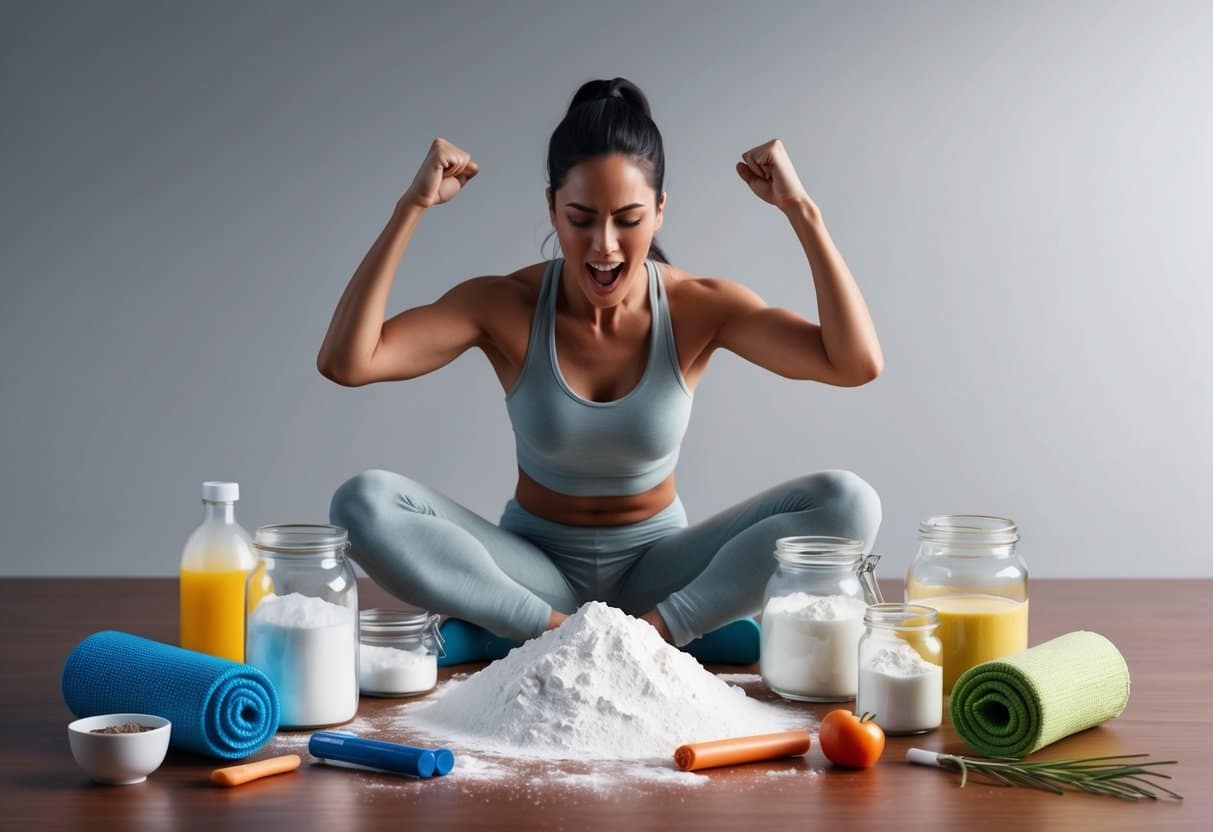 A person exercising vigorously while surrounded by baking soda and various health-related items