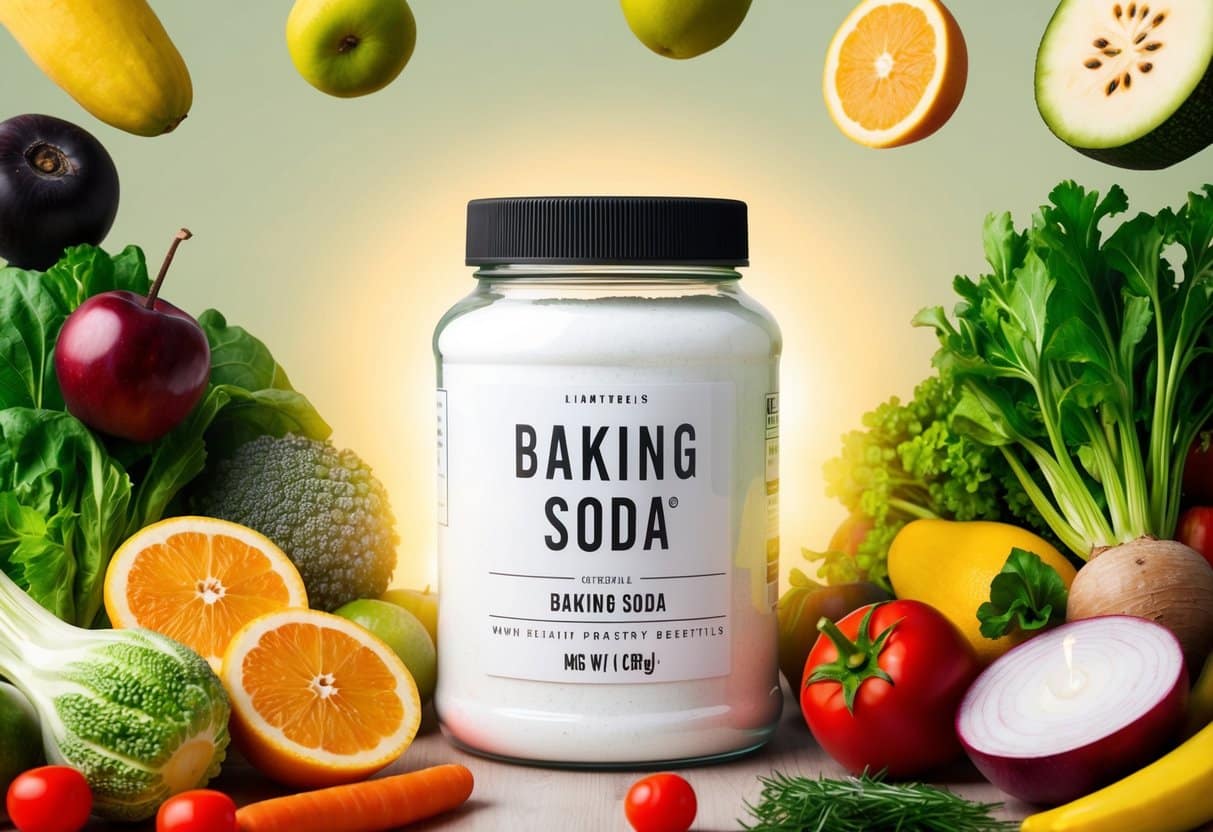 A jar of baking soda surrounded by various fruits and vegetables, with a soft glow highlighting its health benefits
