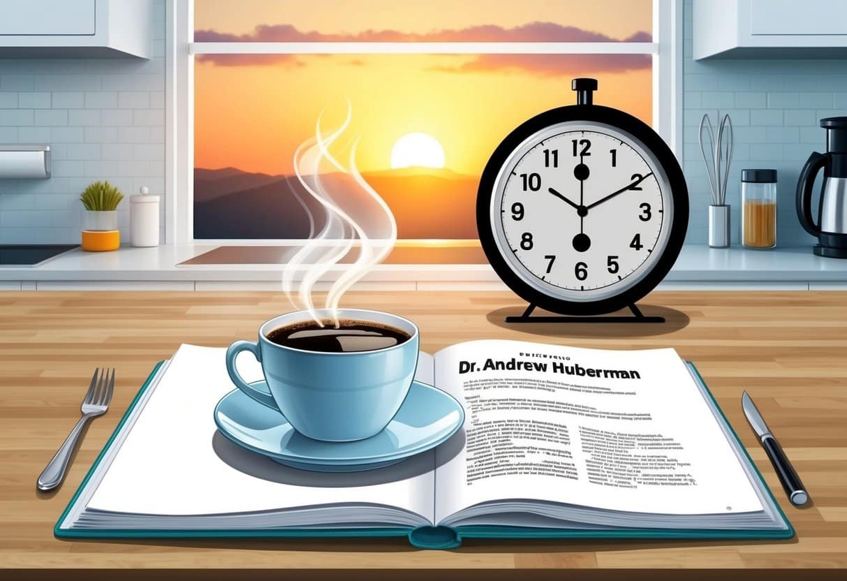 Sunrise over a kitchen counter with a steaming cup of coffee, a clock showing 90 minutes, and a scientific journal open to Dr. Andrew Huberman's research