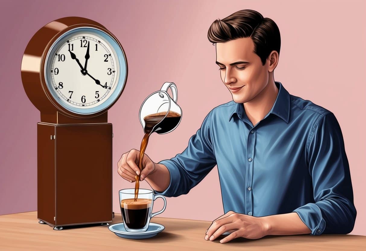 A person pouring coffee into a cup next to a clock showing 90 minutes