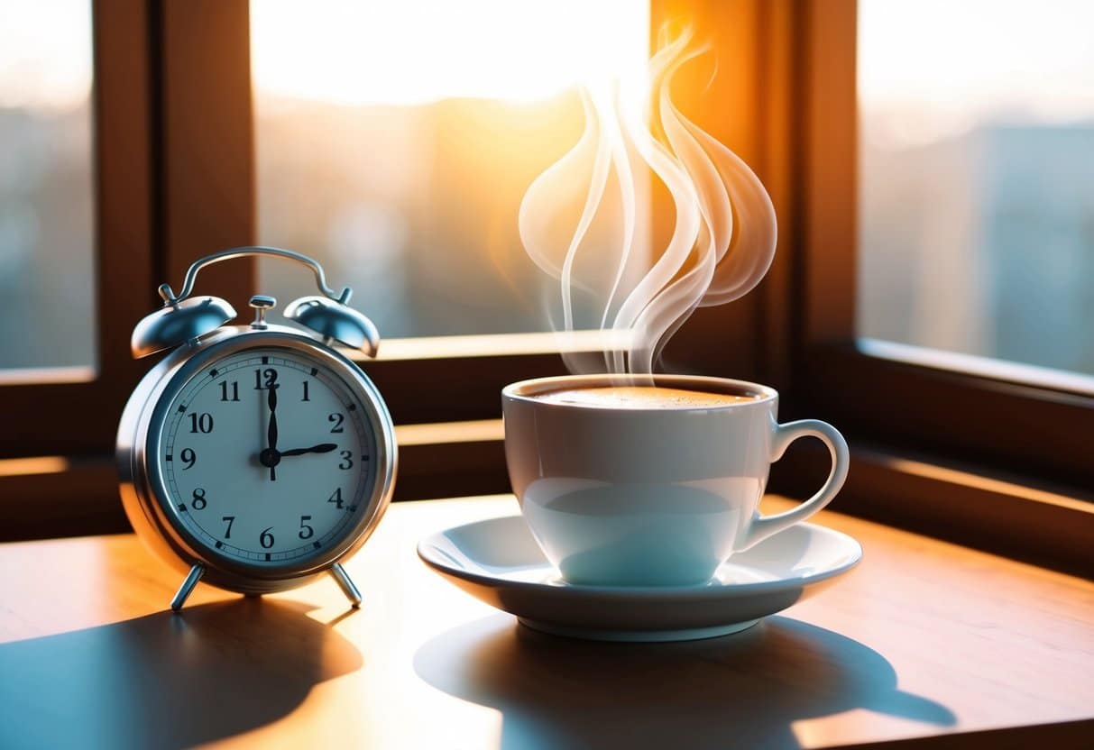 A steaming cup of coffee sits on a table next to a clock showing 90 minutes, with sunlight streaming in through a window