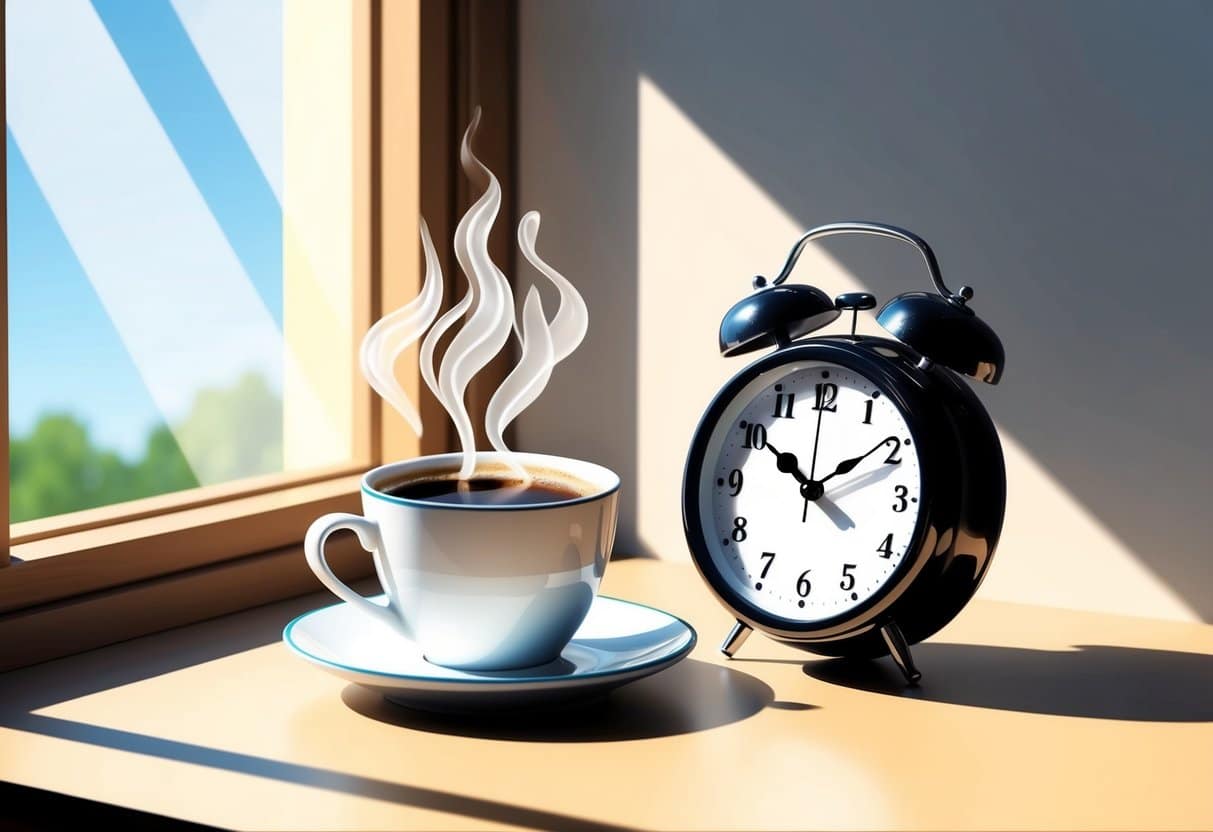 A steaming cup of coffee sits on a table next to a clock showing 90 minutes passing. Sunlight streams through a window, casting shadows