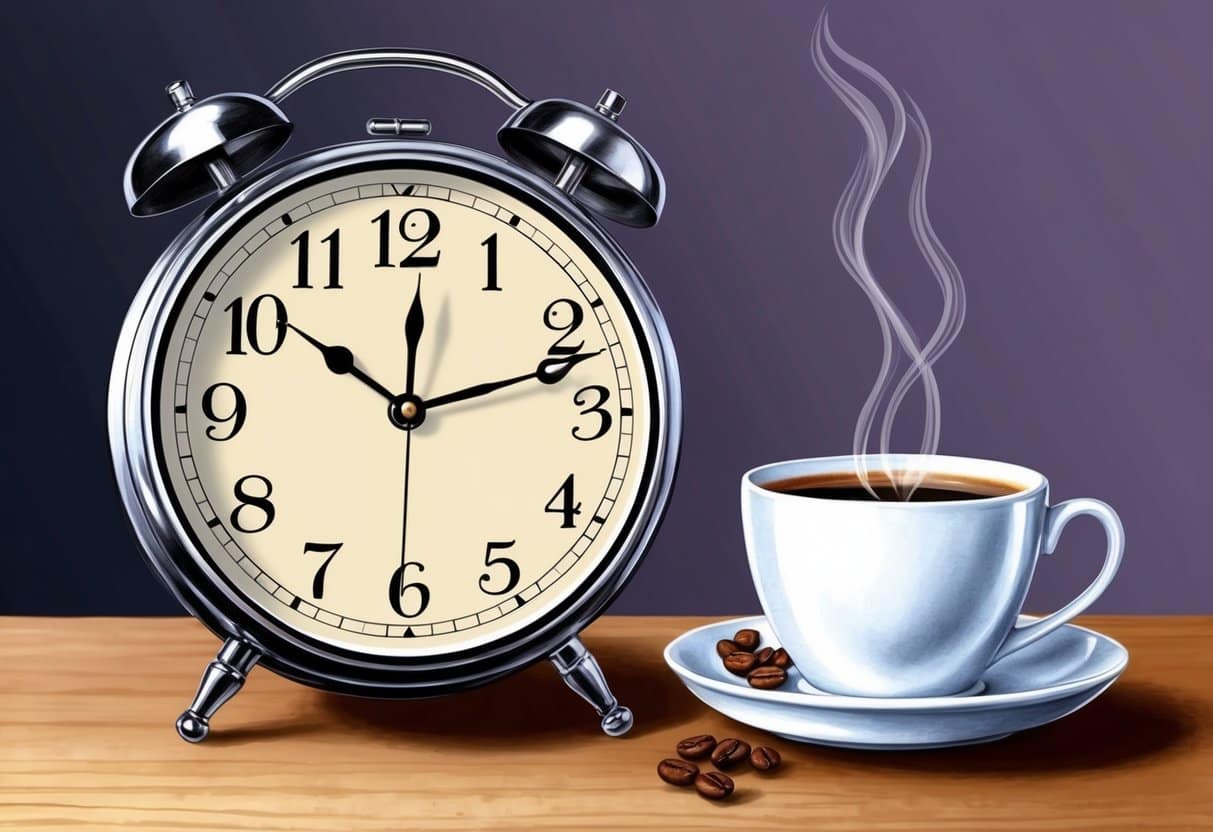 A clock showing the time of day with a steaming cup of coffee nearby