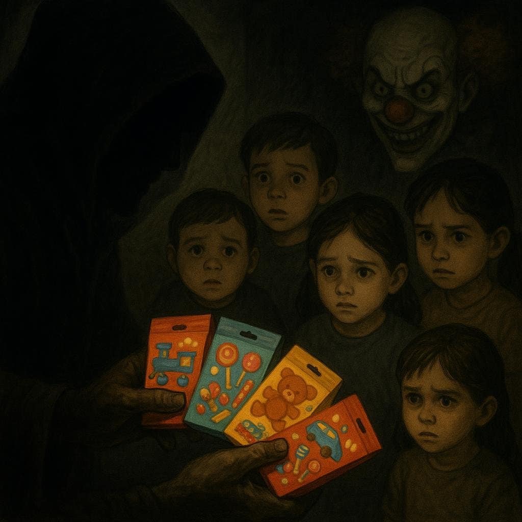 A shadowy figure lures children with colorful packaging, while a sinister clown lurks in the background