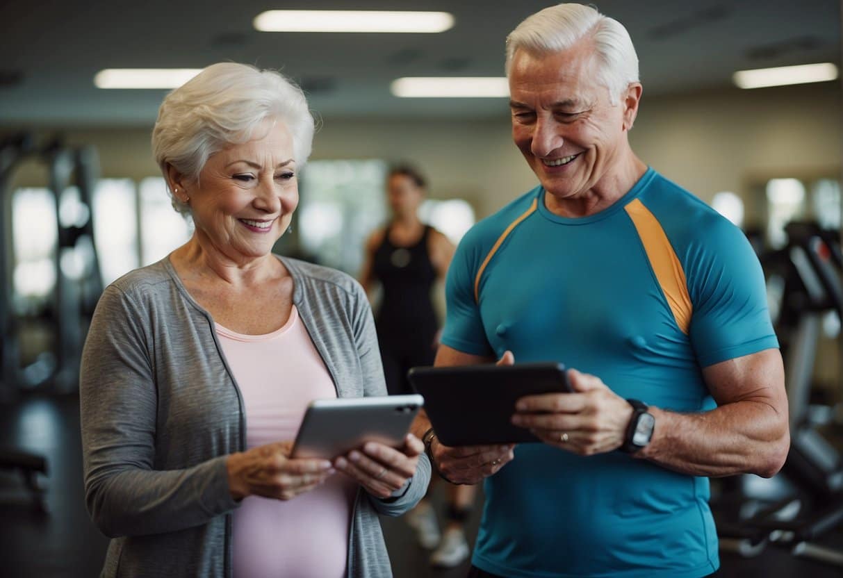 a man and woman looking at a tablet