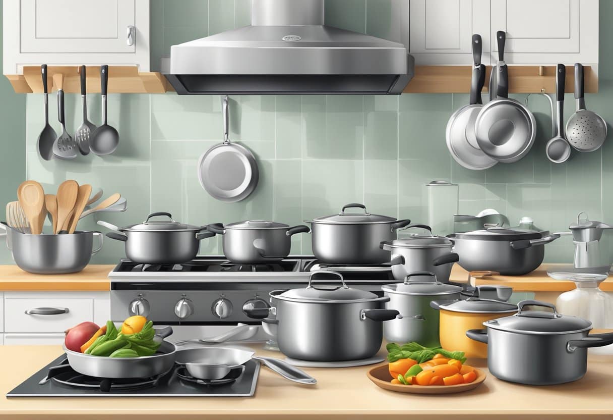 A modern kitchen with a variety of nontoxic cookware, including stainless steel, ceramic, and cast iron pots and pans