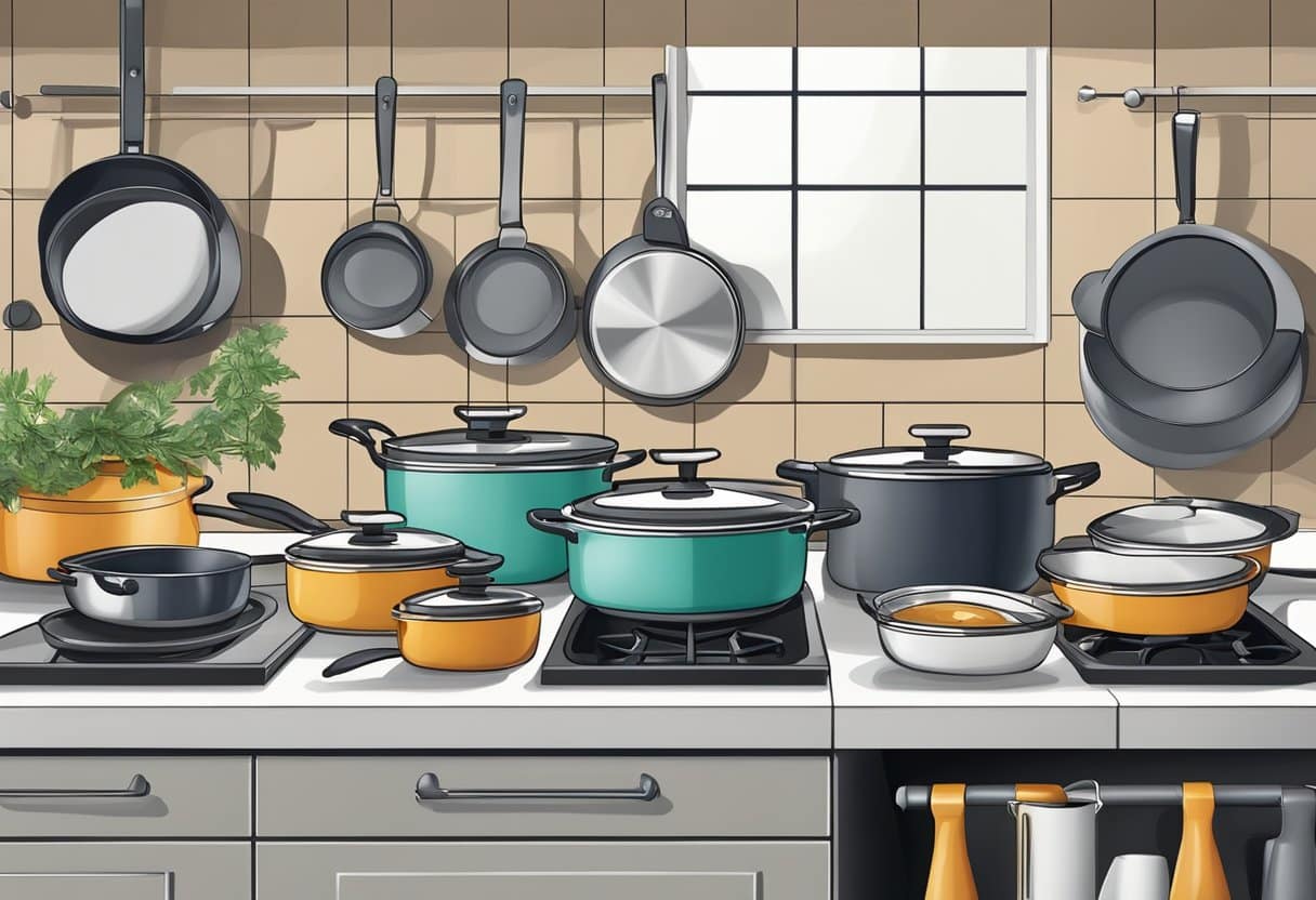 A kitchen scene with various types of cookware, including stainless steel, ceramic, and cast iron, displayed on a countertop