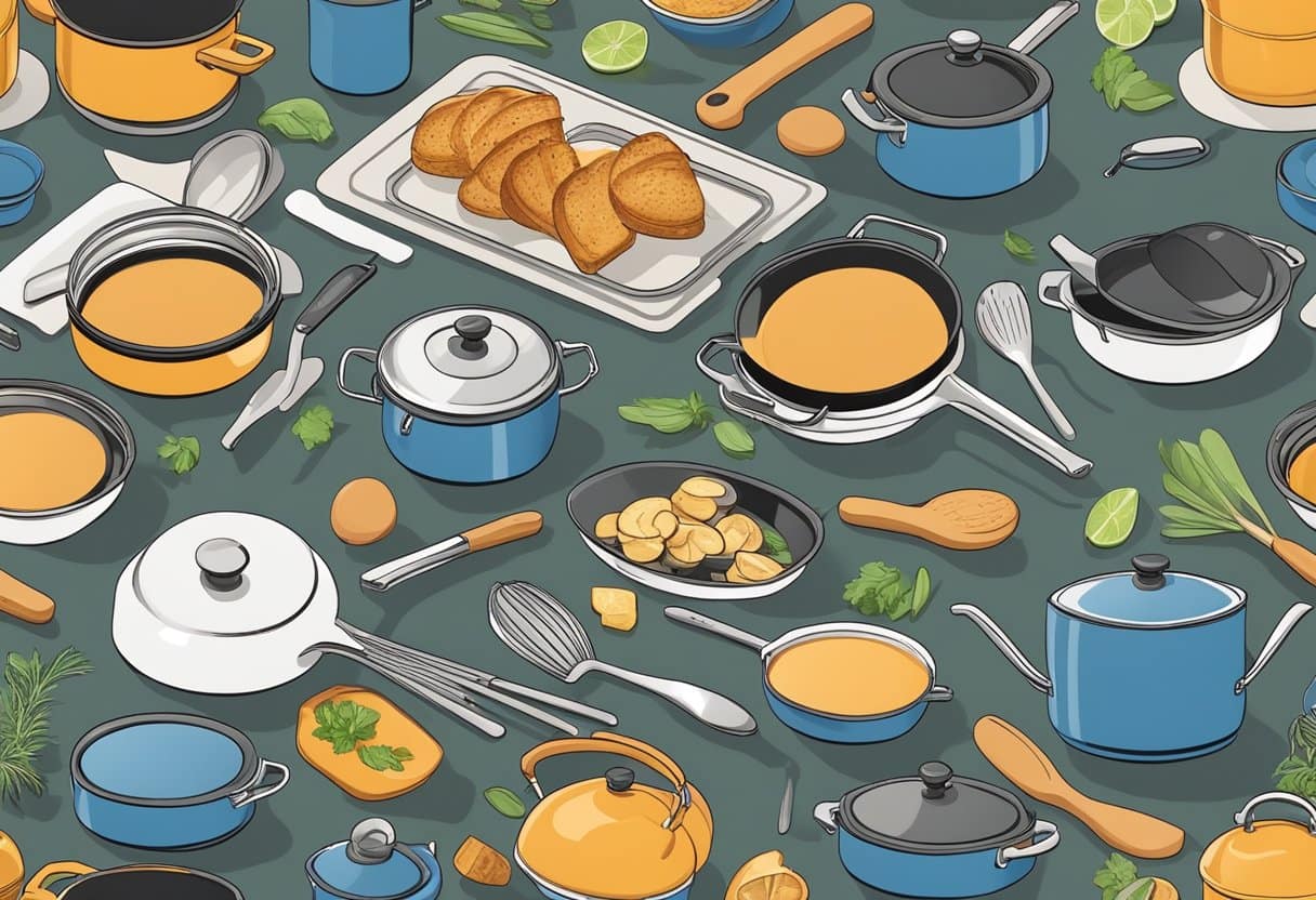 A kitchen scene with a nonstick cookware set on a stovetop, surrounded by various cooking utensils and ingredients
