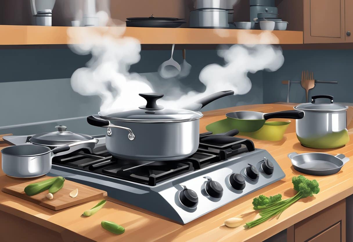 Steam rising from various pots and pans on a stovetop, with a chef's knife and cutting board nearby