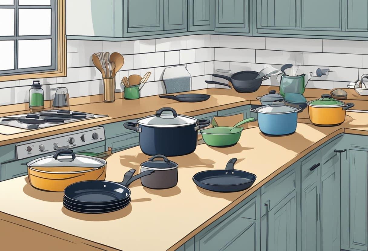A kitchen scene with various nontoxic cookware items such as pots, pans, and utensils displayed neatly on a countertop with safety guidelines and tips visible in the background