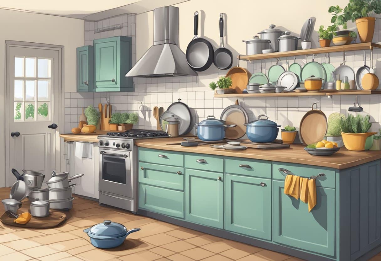 A kitchen scene with various nontoxic cookware items such as pots, pans, and utensils displayed alongside safety guidelines and tips