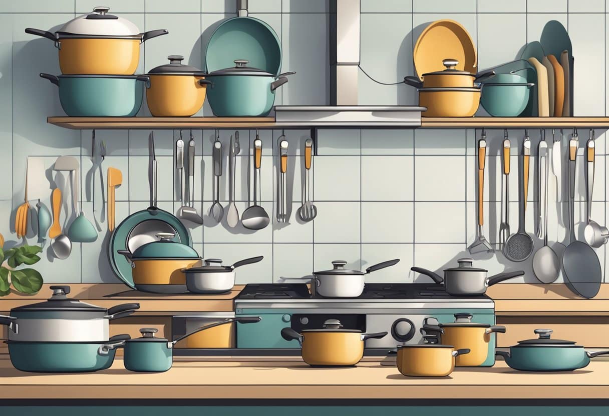 A kitchen with a variety of nontoxic cookware arranged on a countertop, including pots, pans, and utensils made from safe, eco-friendly materials