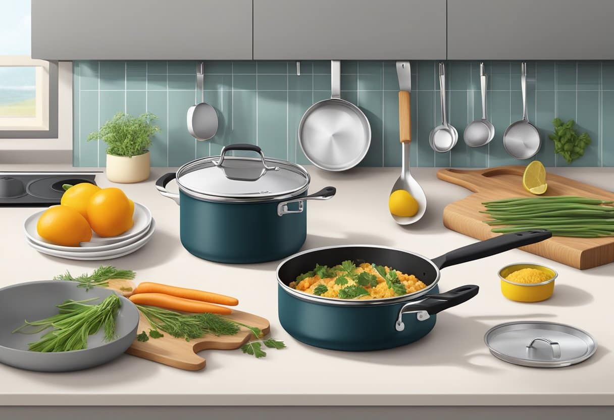 A sleek and modern kitchen with a set of nontoxic Caraway cookware neatly arranged on the stovetop, surrounded by fresh ingredients and cooking utensils