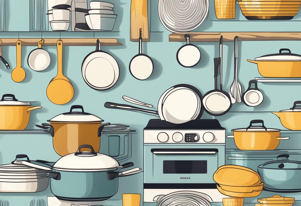 A modern kitchen with a sleek, non-toxic cookware set on a stovetop, surrounded by various cooking utensils and ingredients