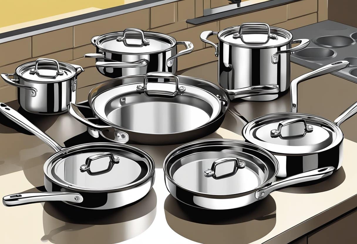 A gleaming All-Clad D3 cookware set arranged on a kitchen countertop, showcasing the shiny stainless steel pots and pans