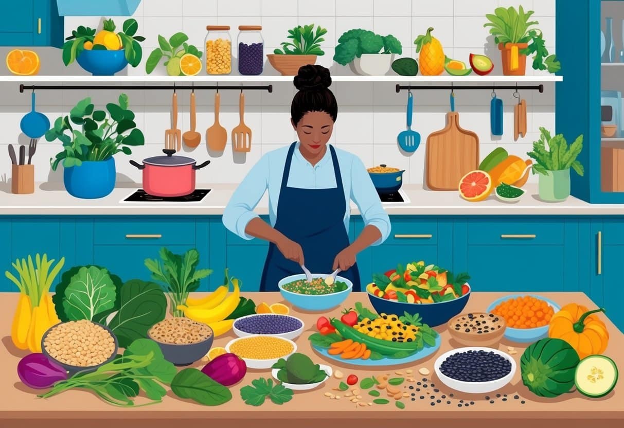 A vibrant kitchen with an array of colorful fruits, vegetables, legumes, and grains. A person preparing hearty plant-based meals with a focus on protein-rich ingredients