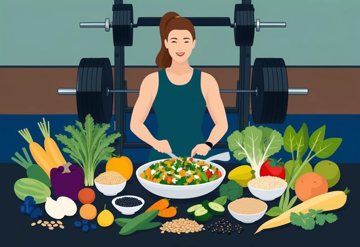 A plant-based meal being prepared, surrounded by various fruits, vegetables, grains, and legumes. A weightlifting gym in the background with equipment and weights