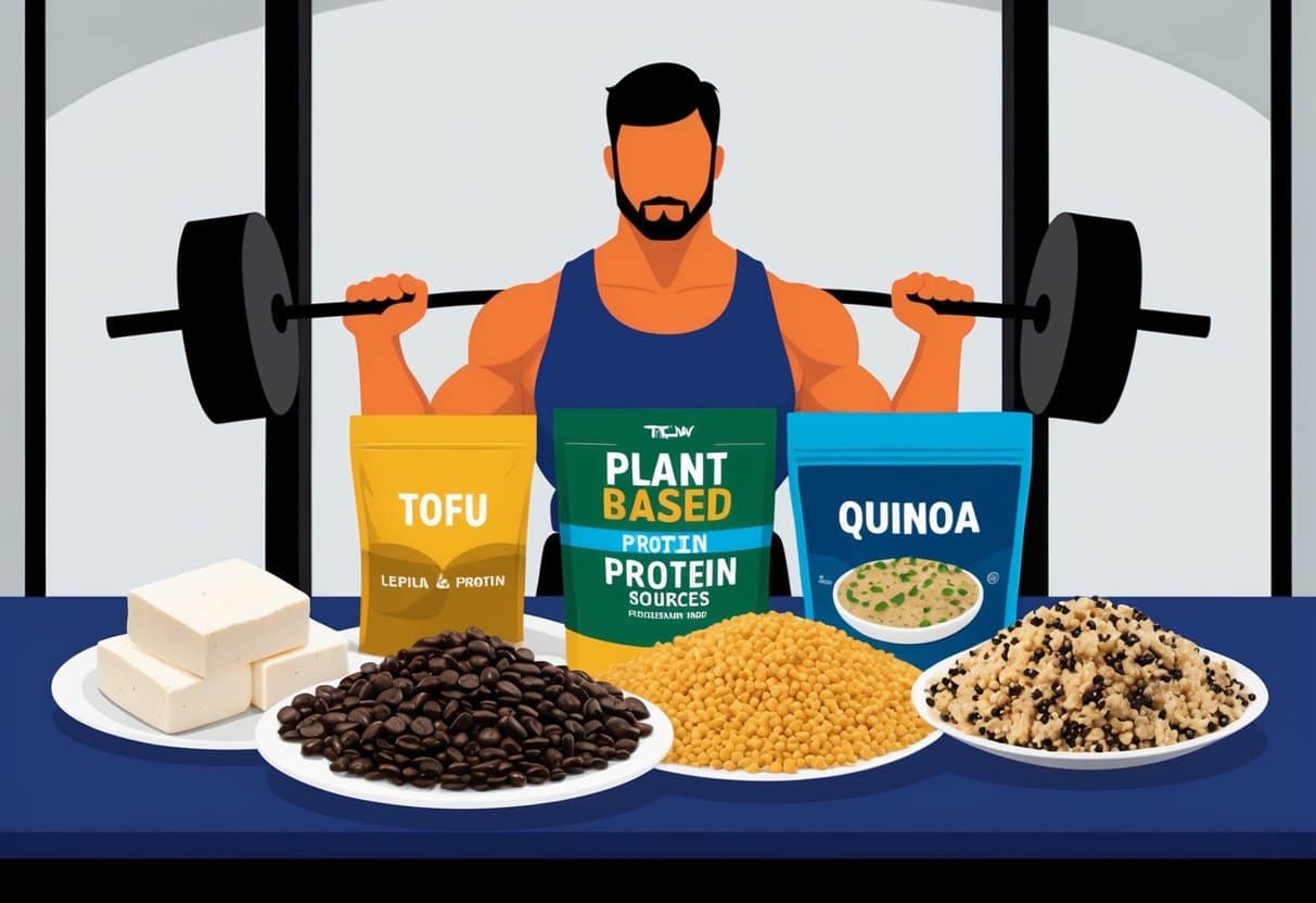 A weightlifting gym with plant-based protein sources such as tofu, lentils, and quinoa displayed on a table. A muscular figure lifting weights in the background