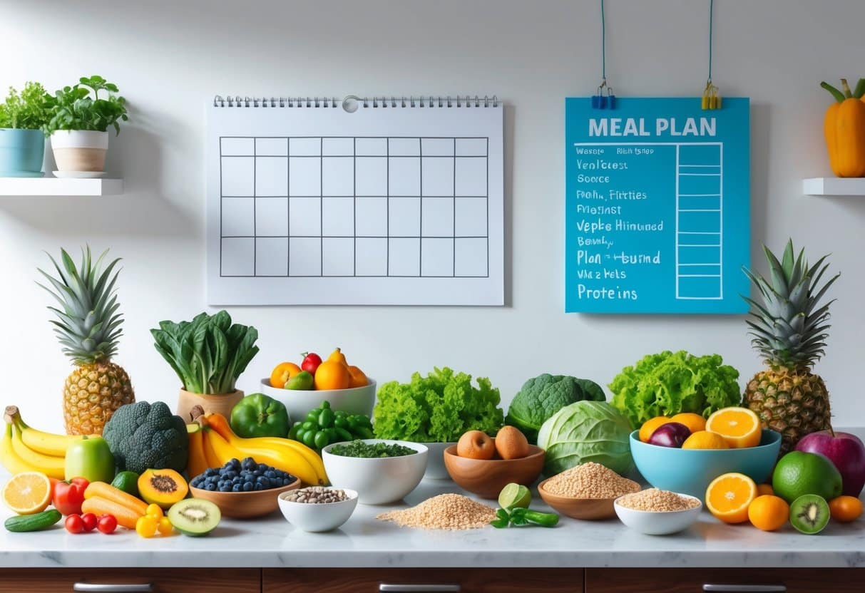A variety of colorful fruits, vegetables, grains, and plant-based protein sources arranged on a kitchen counter, with a meal plan and workout schedule pinned on the wall