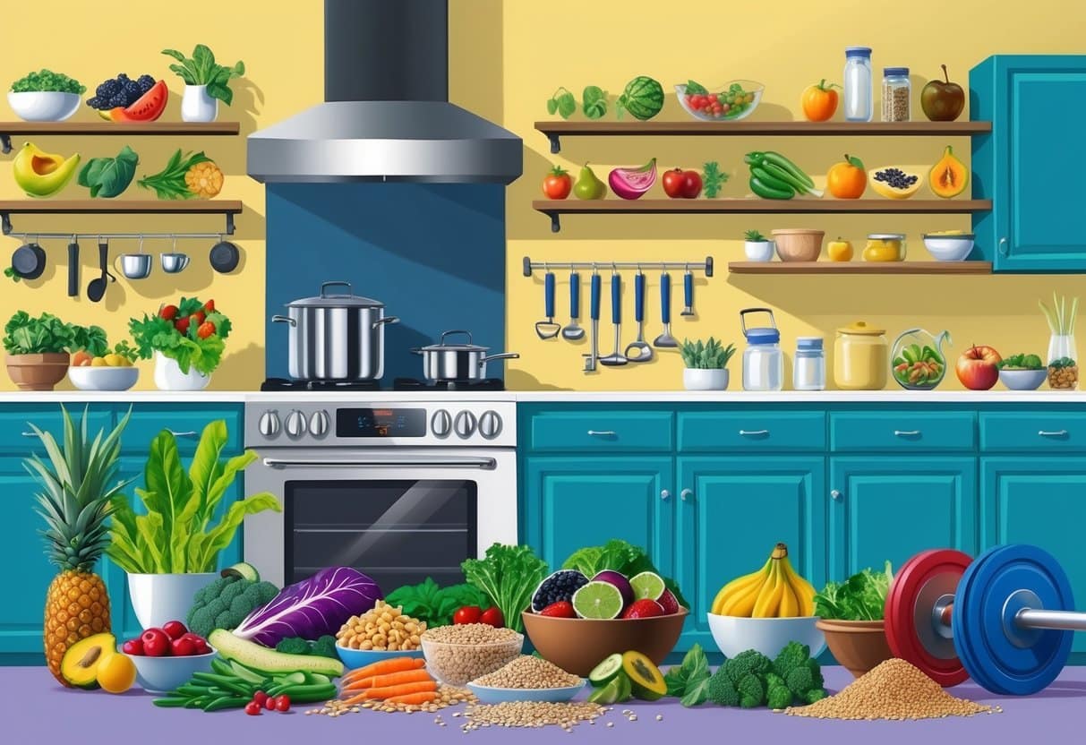 A vibrant kitchen filled with an array of colorful fruits, vegetables, grains, and plant-based protein sources. A weightlifting set and exercise equipment are nearby, emphasizing the combination of nutrition and fitness for muscle development