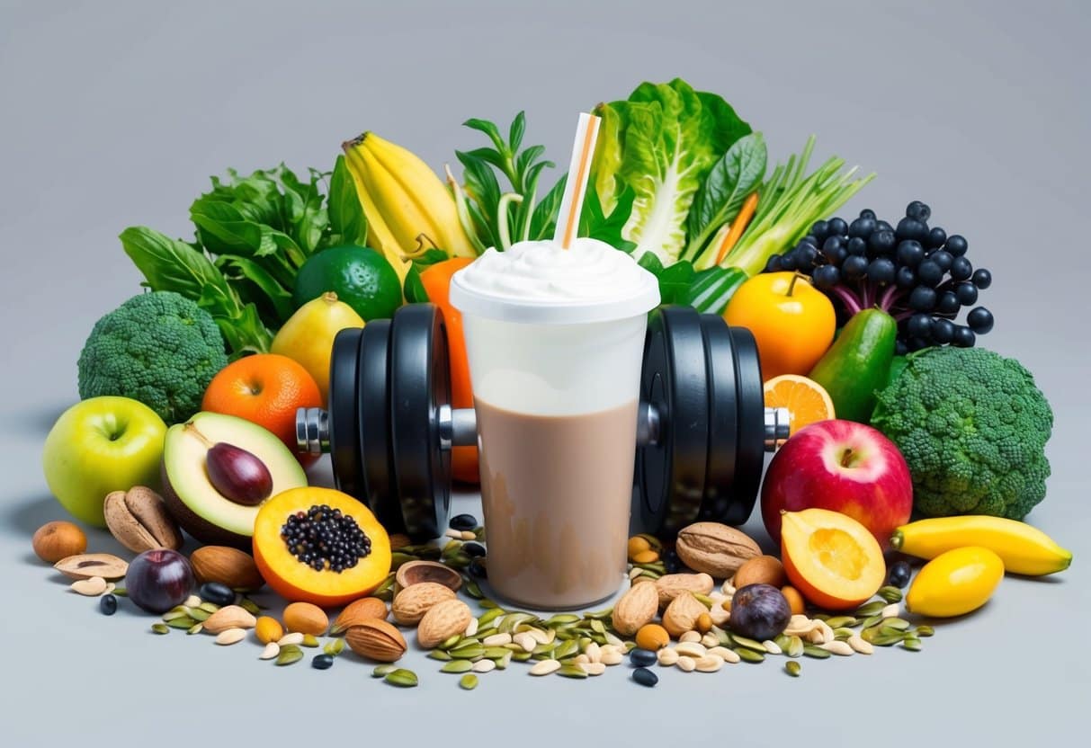 A variety of colorful fruits, vegetables, nuts, and seeds arranged around a set of dumbbells and a protein shake, symbolizing the combination of plant-based nutrition and strength training for muscle building