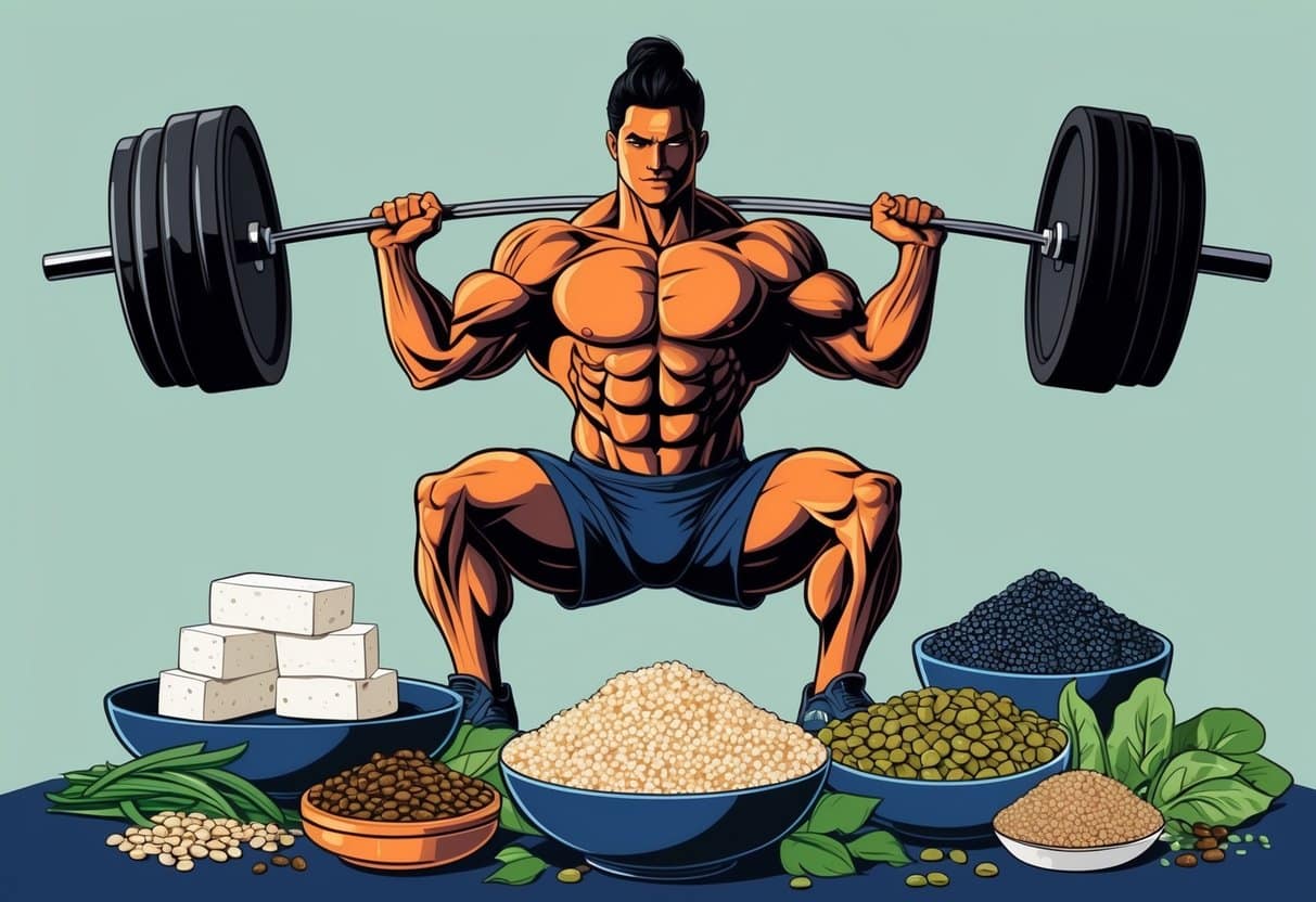 A muscular figure lifting weights surrounded by plant-based protein sources like tofu, lentils, and quinoa
