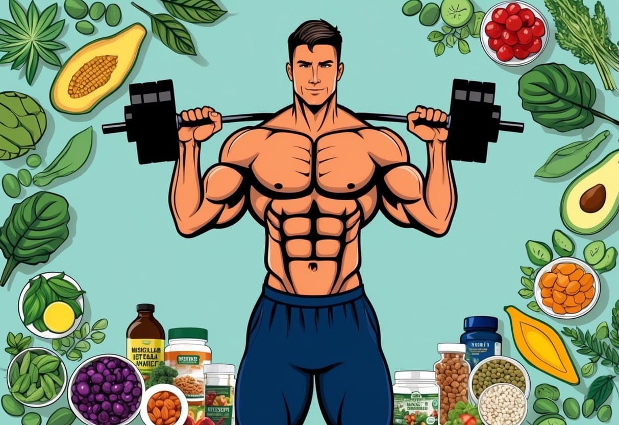 A muscular figure lifting weights surrounded by a variety of plant-based foods and supplements