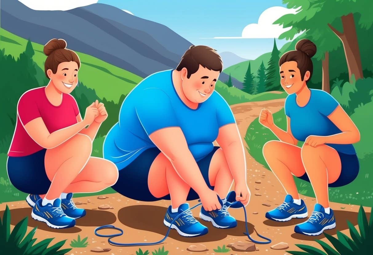 An overweight person lacing up running shoes, surrounded by a supportive friend and a scenic outdoor trail