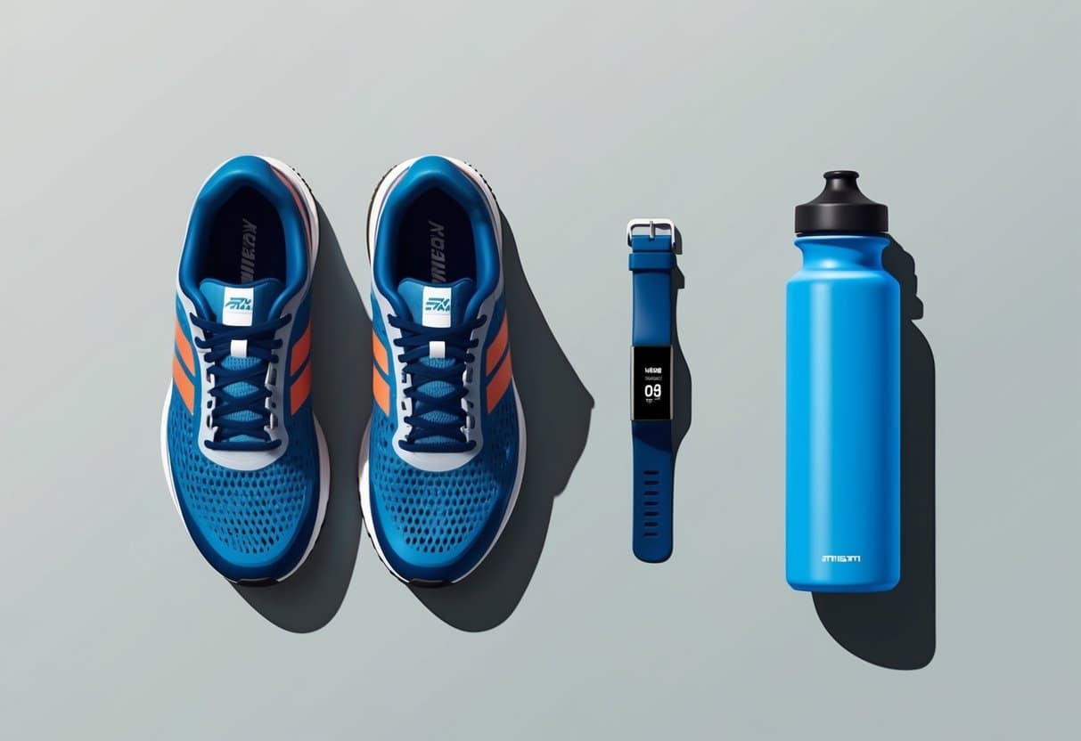 A pair of running shoes, a water bottle, and a fitness tracker laid out on a clean, uncluttered surface