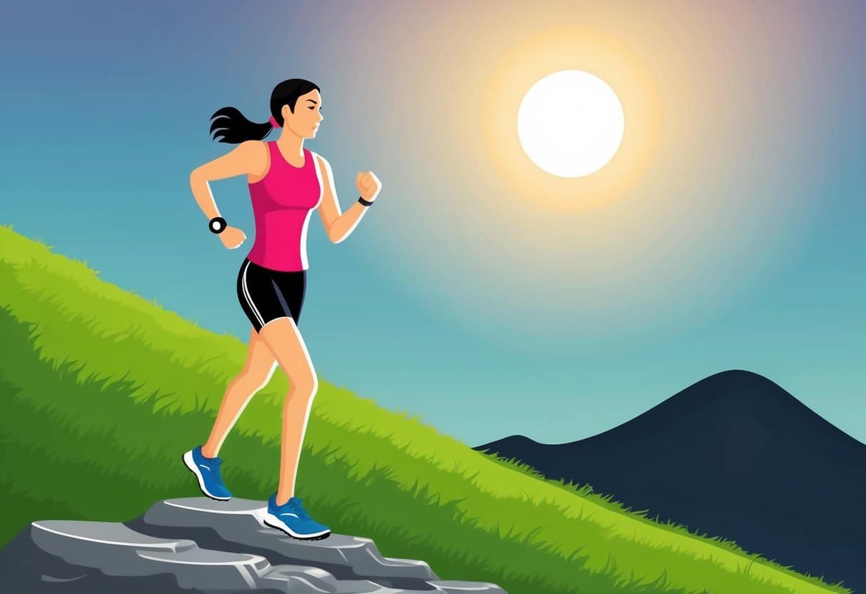 A person in running gear stands at the base of a hill, looking determined. The sun is rising in the background, casting a warm glow on the scene