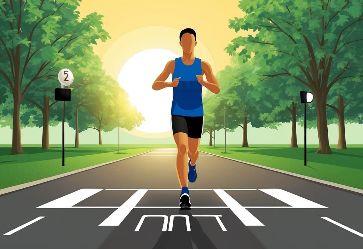 A person in running gear stands at the starting line, surrounded by a park with trees and a clear path ahead. The sun is rising in the background, casting a warm glow over the scene