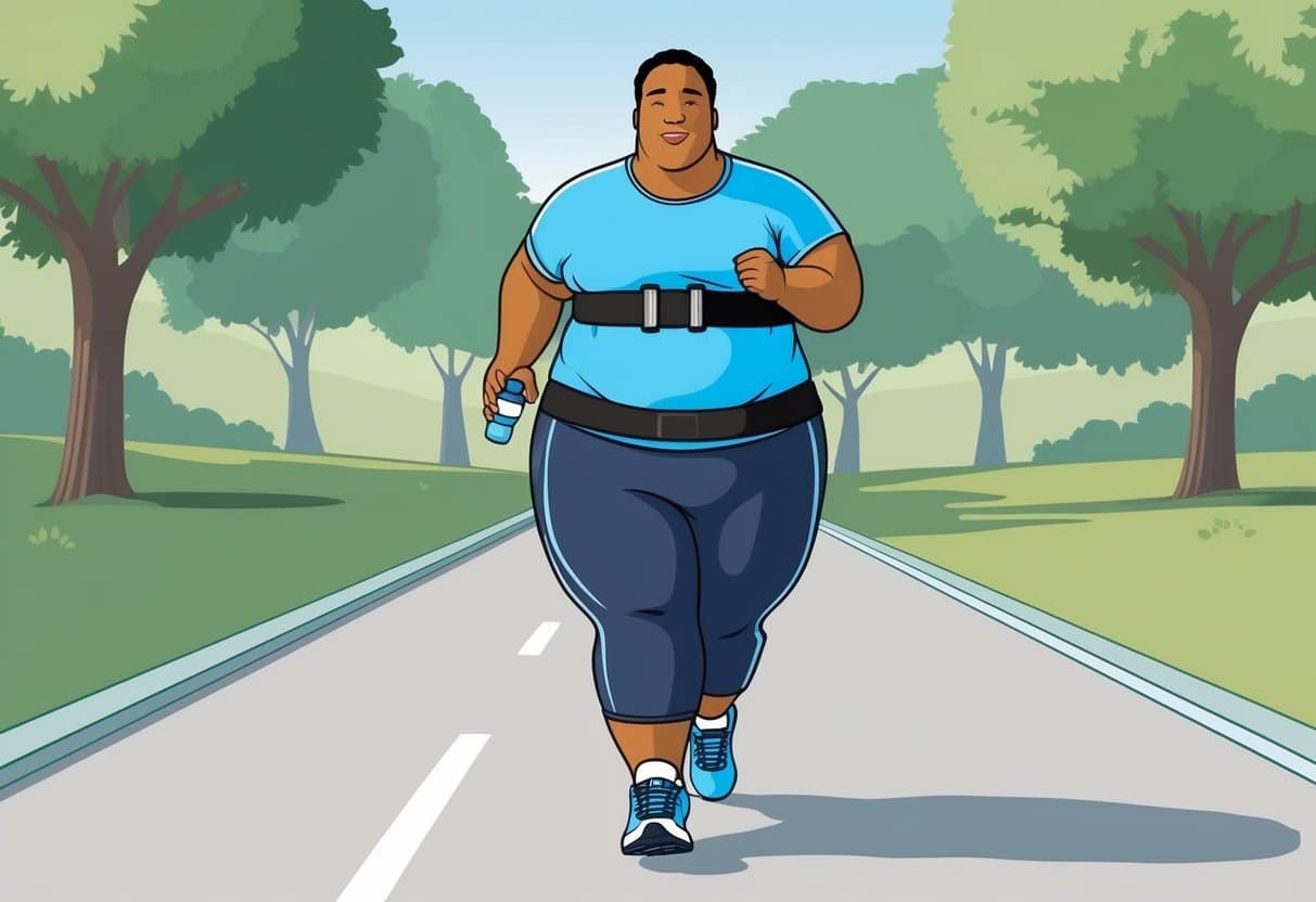 A person with a larger body size wearing running shoes and comfortable athletic clothing, with a supportive running belt and water bottle, jogging on a smooth, flat path surrounded by trees and nature