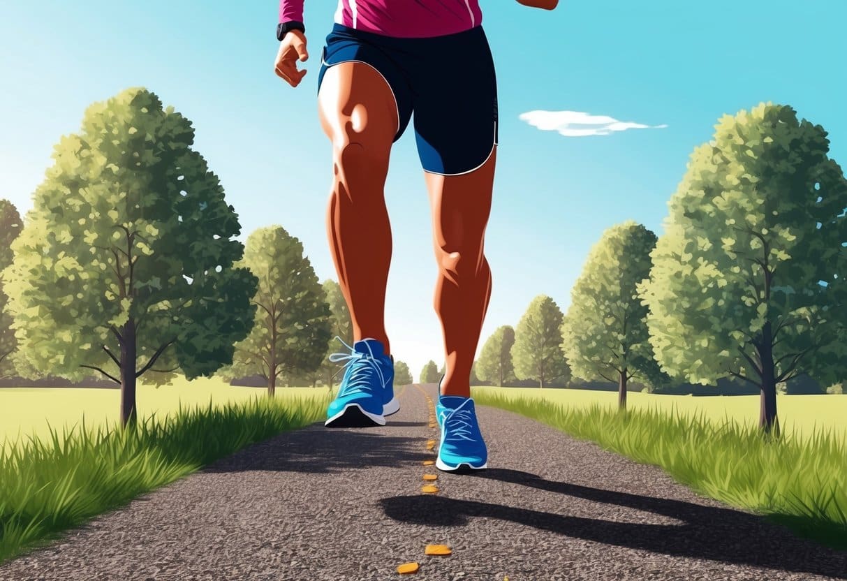 A person in running attire stepping onto a path, surrounded by trees and a clear sky