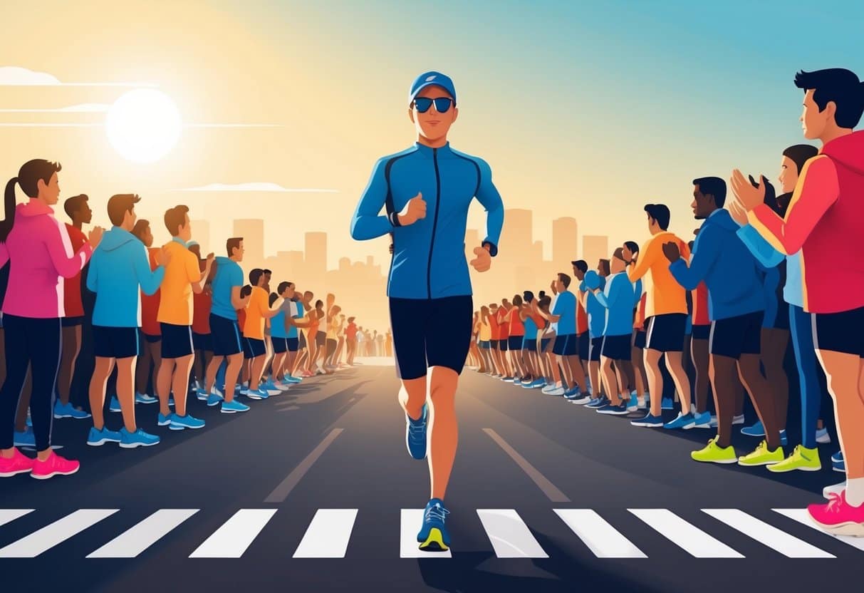 A person in running gear stands at the starting line, surrounded by a supportive crowd. The sun is rising, casting a warm glow over the scene