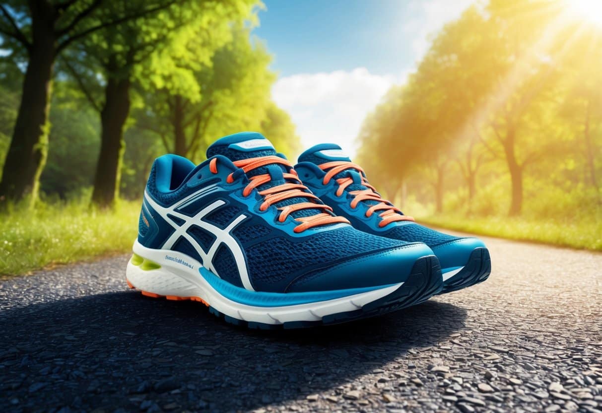 A pair of running shoes on a path, surrounded by trees and sunlight, with a sense of determination and anticipation in the air
