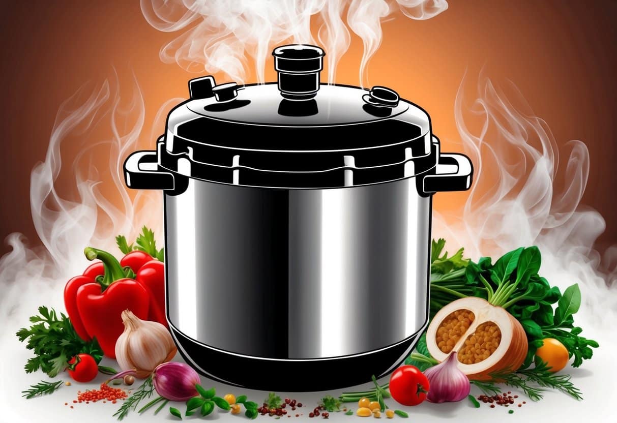 A pressure cooker surrounded by fresh ingredients and steam, emitting a delicious aroma