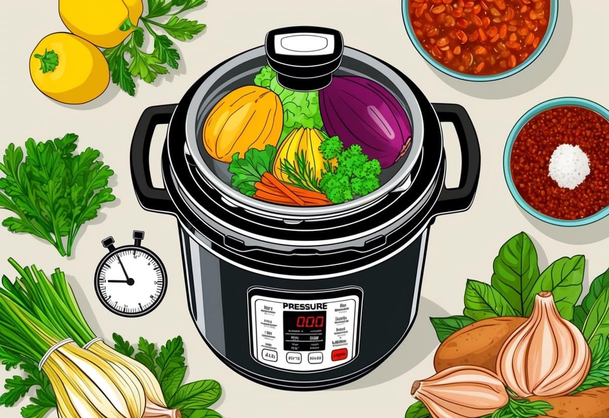 A pressure cooker surrounded by fresh ingredients and a timer, with safety features highlighted