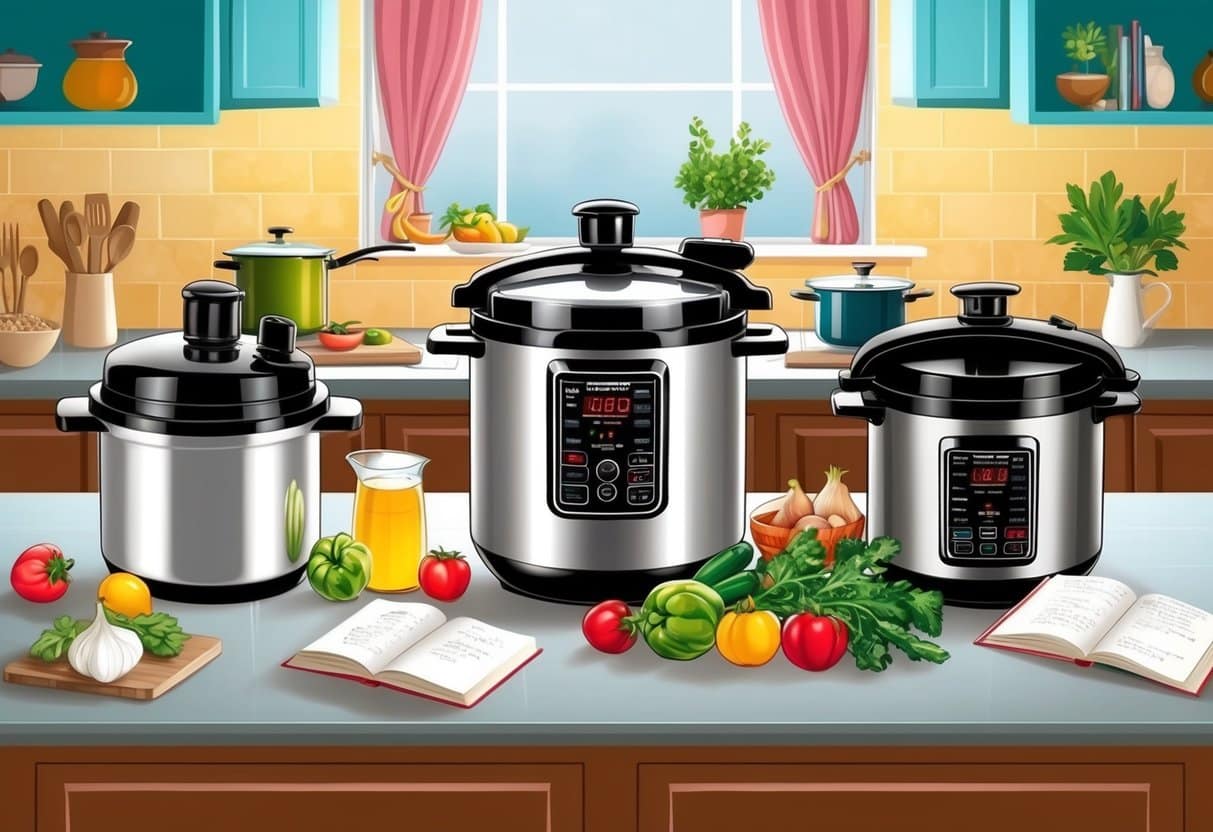 A kitchen scene with various pressure cookers on a countertop, surrounded by fresh ingredients and recipe books