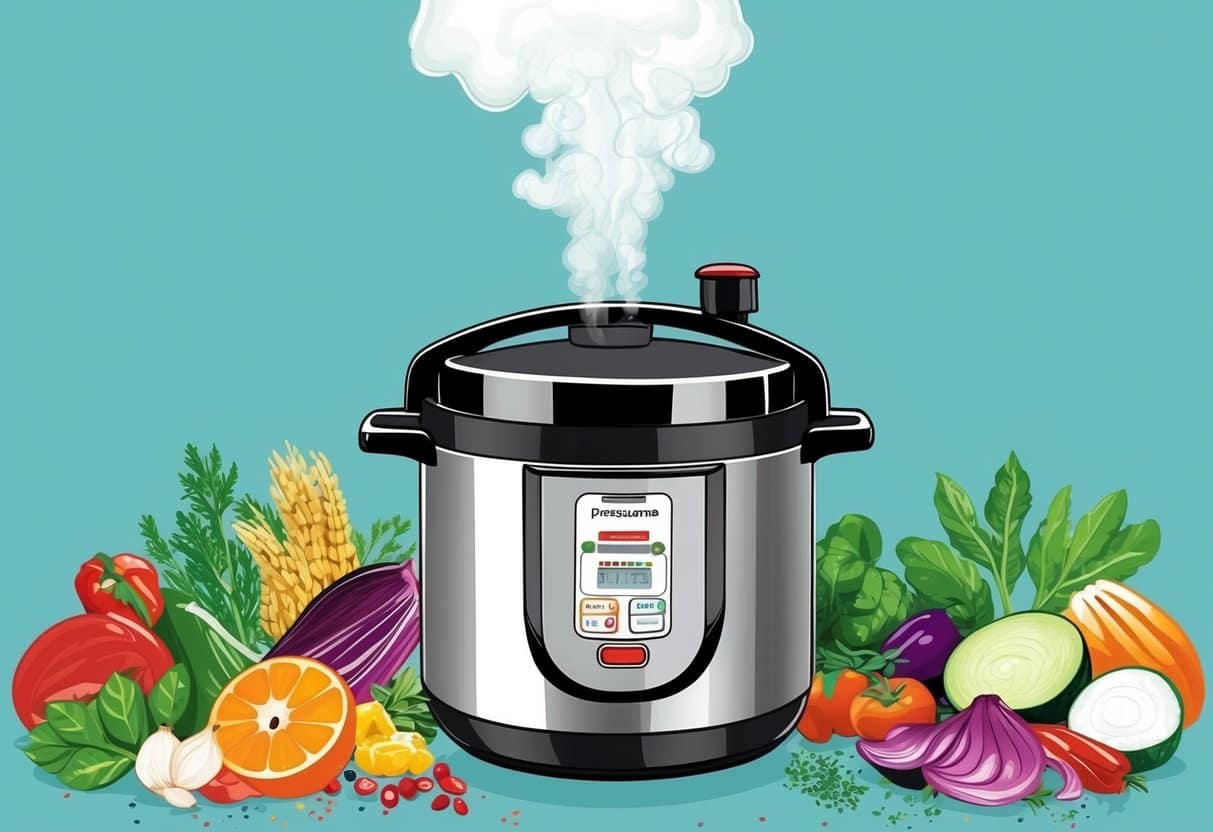 A pressure cooker releasing steam while cooking a variety of colorful, healthy ingredients