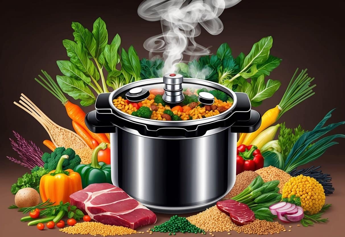 A pressure cooker surrounded by fresh vegetables, grains, and meats, emitting steam and filled with vibrant colors and textures