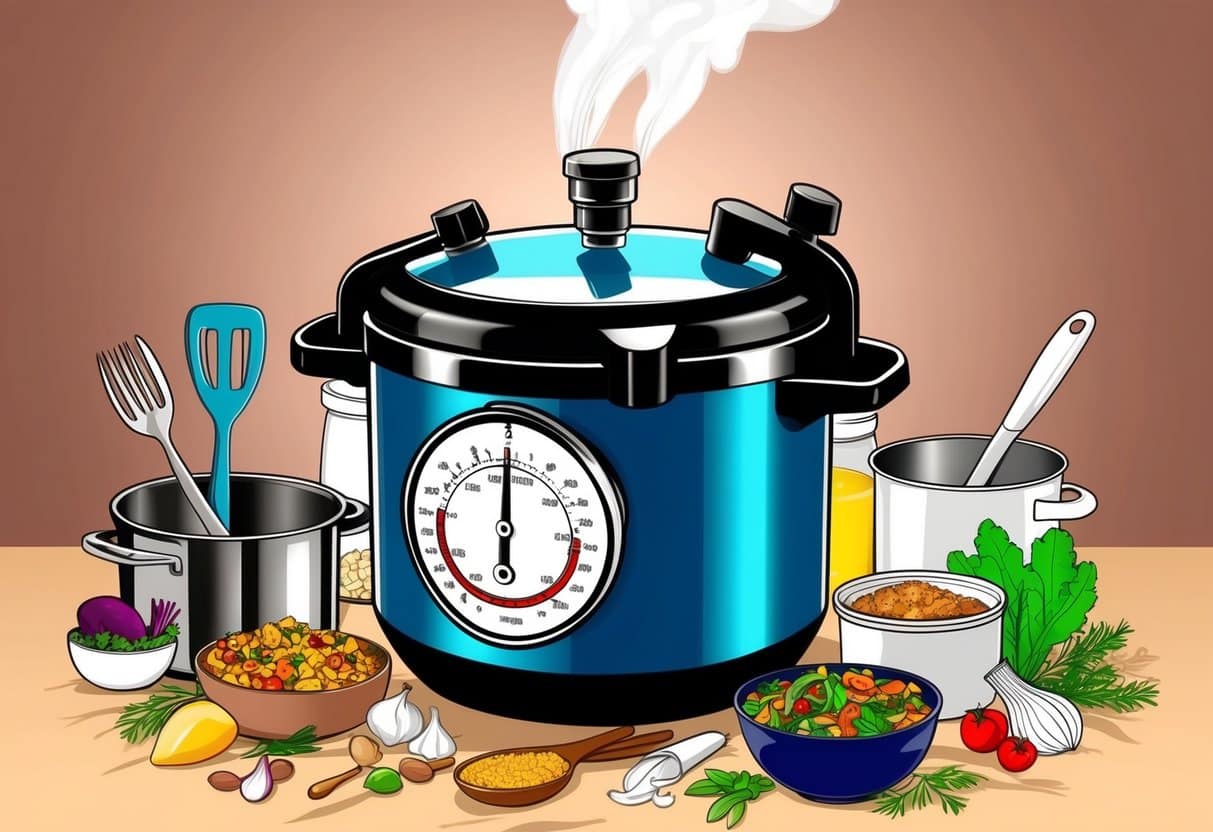 A pressure cooker surrounded by various kitchen utensils and ingredients, with steam rising from the top